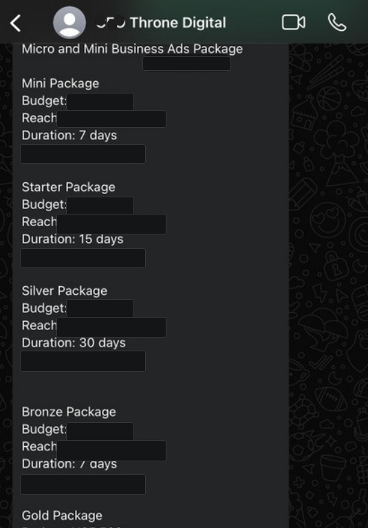 WhatsApp screenshot excerpt showing Throne Digital's digital advertising package menu.