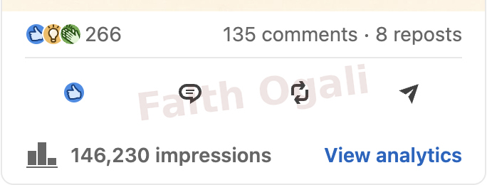 A post analytics strip showing 146,230 impressions.