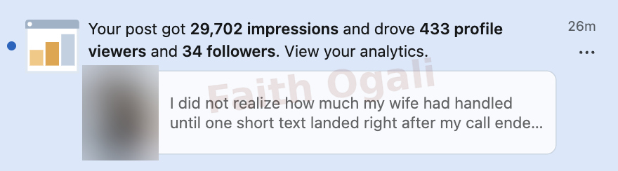 One post generated 29,702 impressions, 433 profile views and 34 followers.