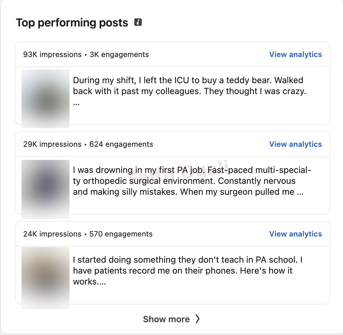 Top posts recorded 93K impressions and 3K engagements, 29K impressions and 624 engagements, and 24K impressions and 570 engagements.