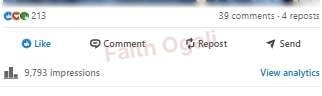 A post analytics strip showing 9,793 impressions, 39 comments and four reposts.