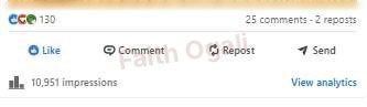 A post analytics strip showing 10,951 impressions, 25 comments and two reposts.